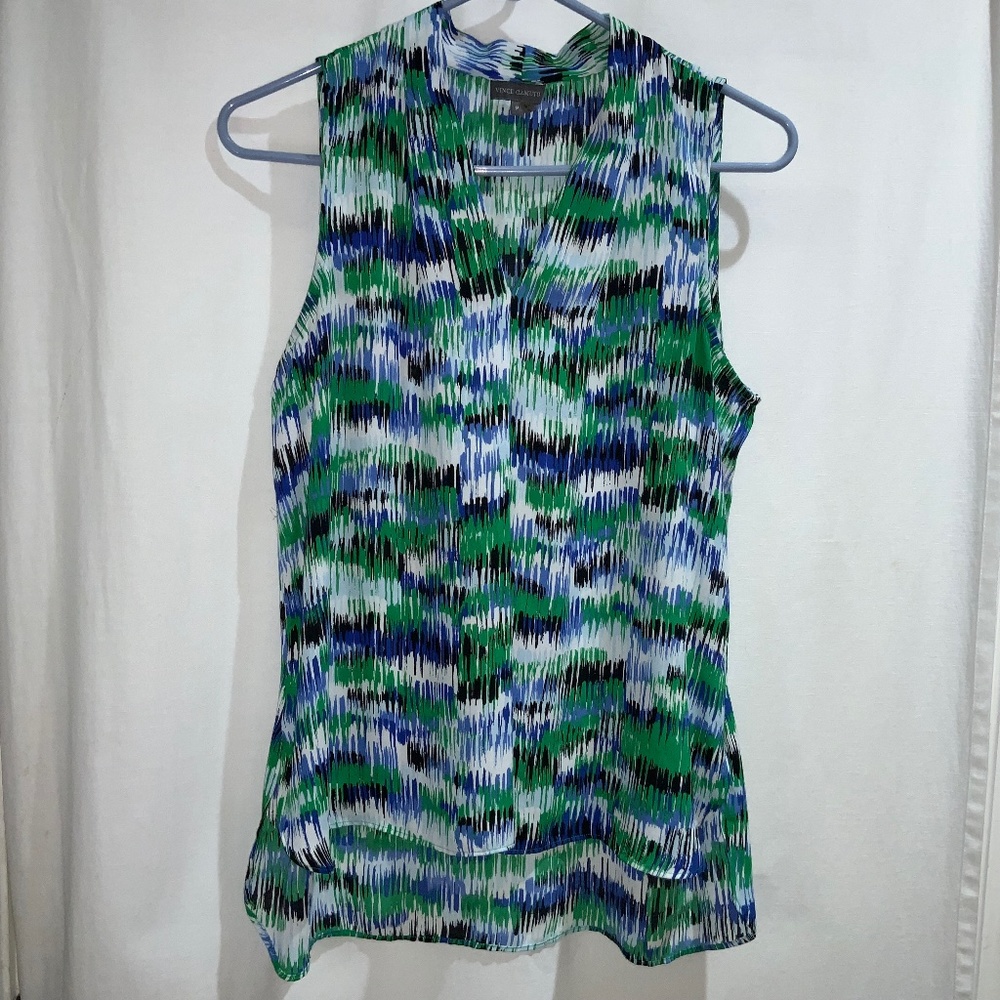 Vince Camuto watercolor print top Sz M sleeveless split neck high low hem